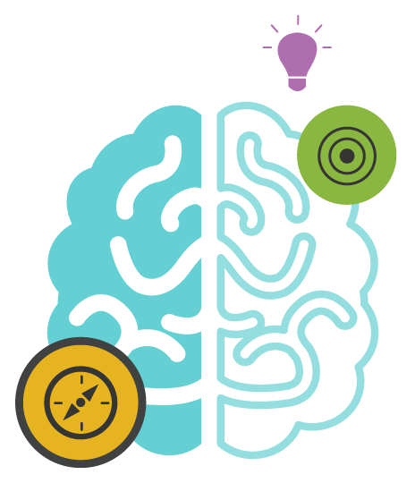 The left and right side of a brain with a light bulb above it