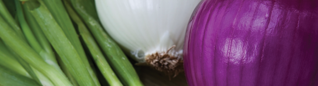 A close up of a purple onion and green onions