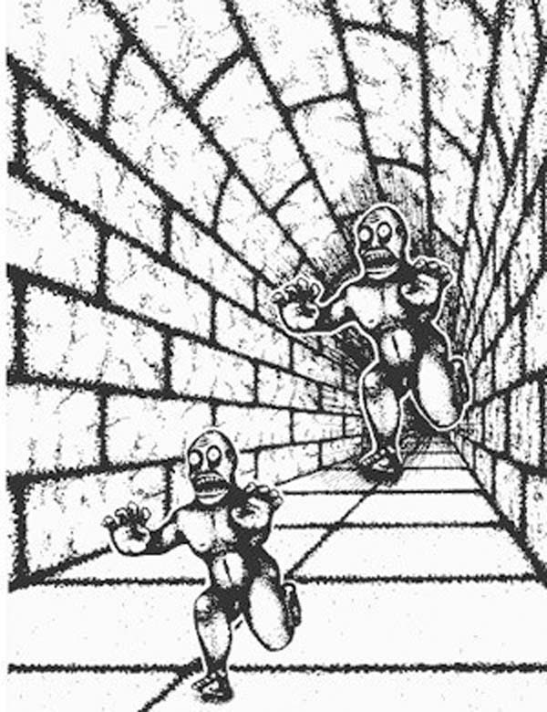 A black and white drawing of two people in a tunnel