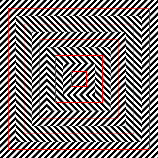 A black and white pattern with red lines